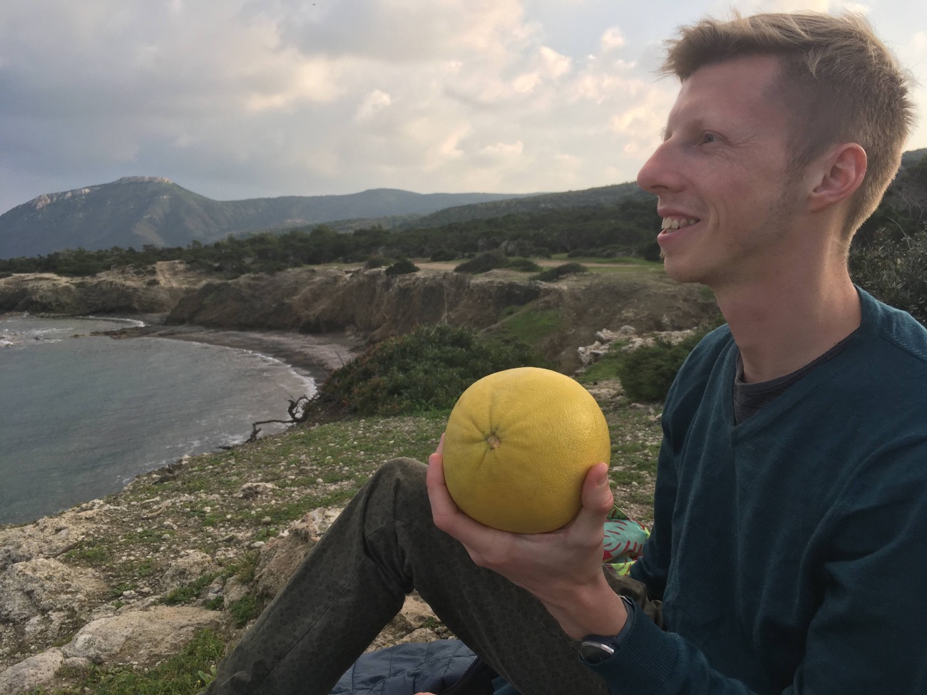 After a long hike in Fontana Amarosa, Cyprus. Ready to eat a pomelo that we picked from a tree in our host's garden in the morning.